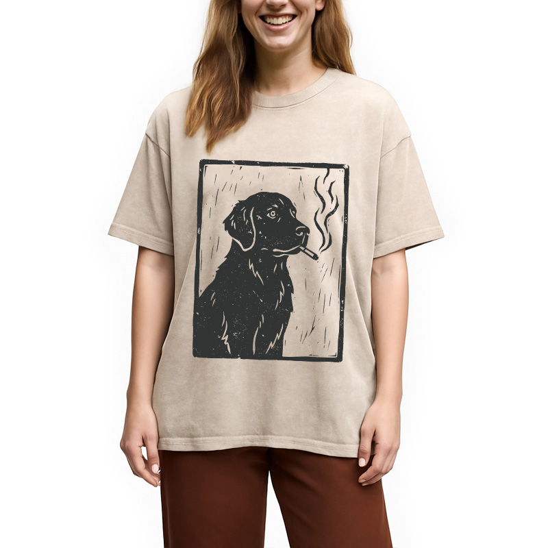 Modecanvas Smoking Labrador Linocut DTG Printing Washed T-Shirt