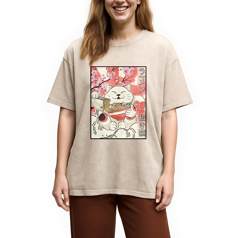 Modecanvas Japanese Noodles Maneki Neko Cat Ramen Meme DTG Printing Washed T-Shirt