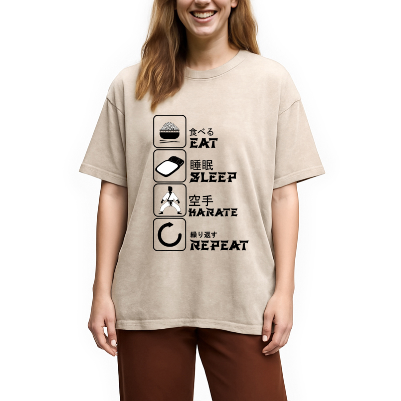 Modecanvas Eat Sleep Karate Repeat Meme DTG Printing Washed T-Shirt