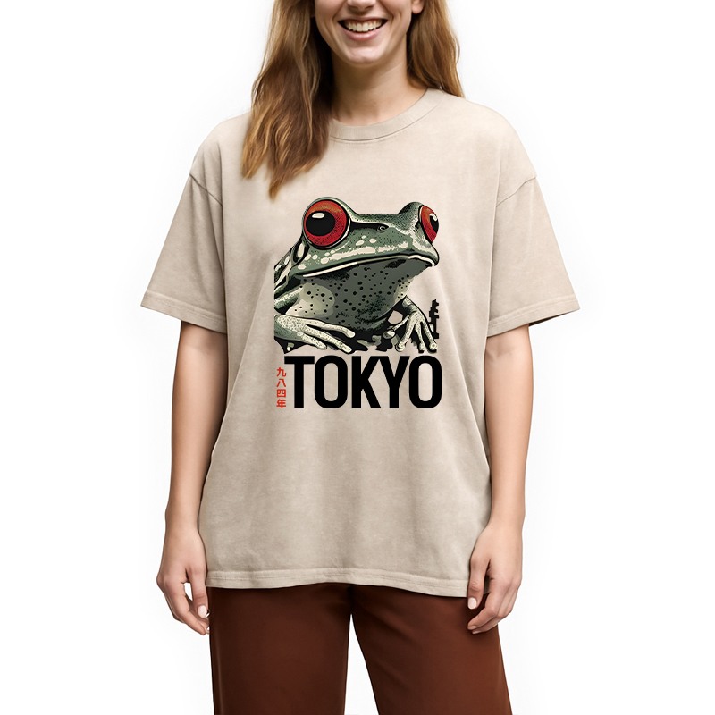 Modecanvas Retro Tokyo Frog DTG Printing Washed T-Shirt