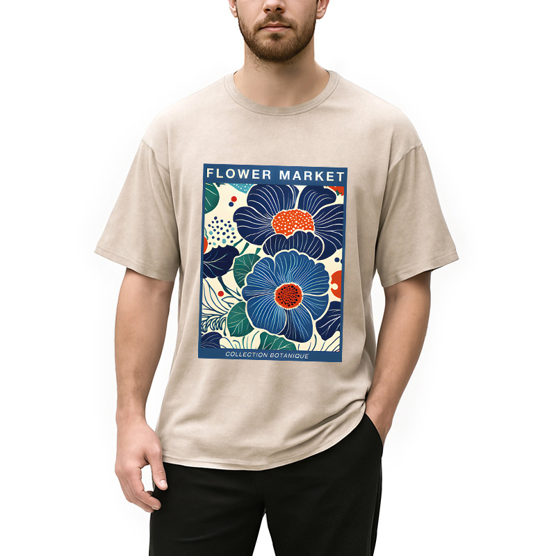Modecanvas Blue Flowers Botanical Art DTG Printing Washed T-Shirt
