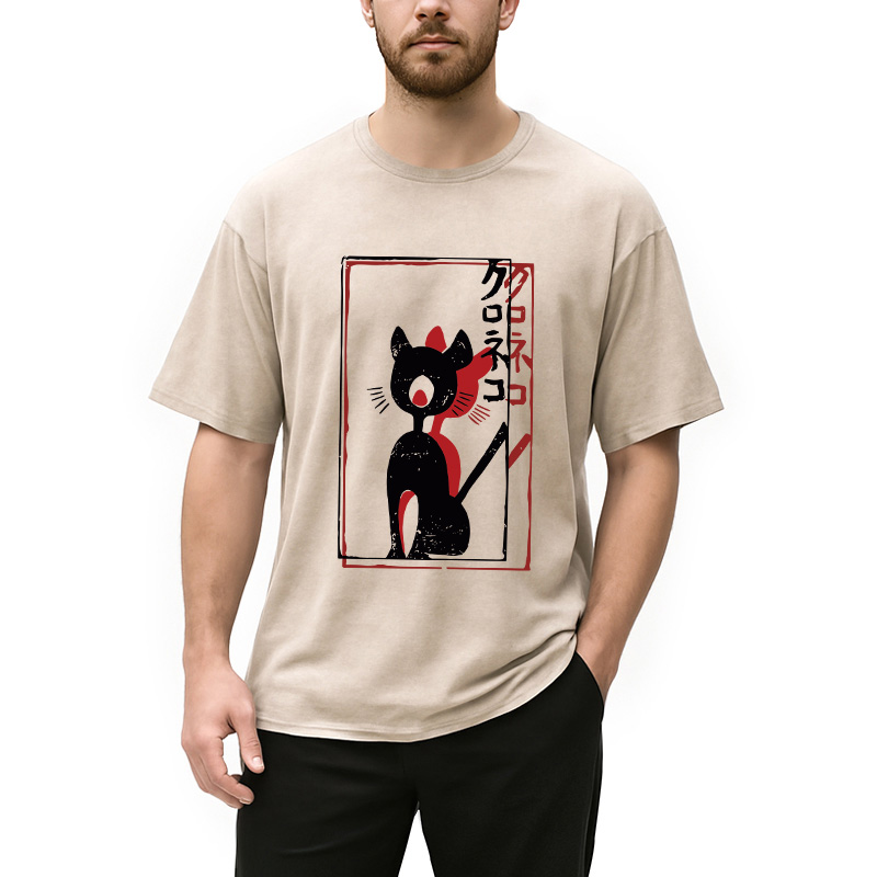 Modecanvas Japanese Retro Black Cat Poster DTG Printing Washed T-Shirt