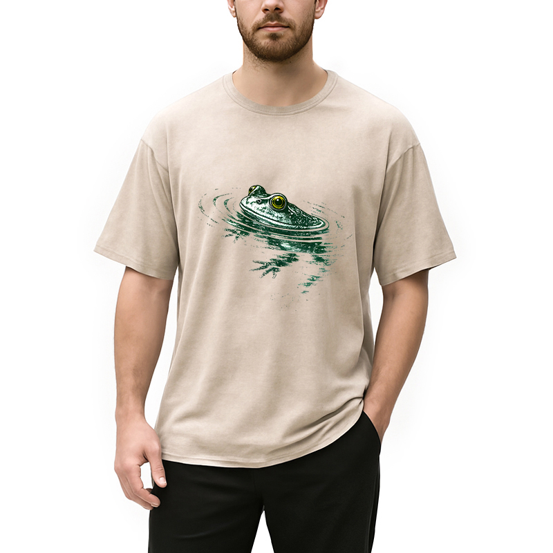 Modecanvas Frog Swimming DTG Printing Washed T-Shirt