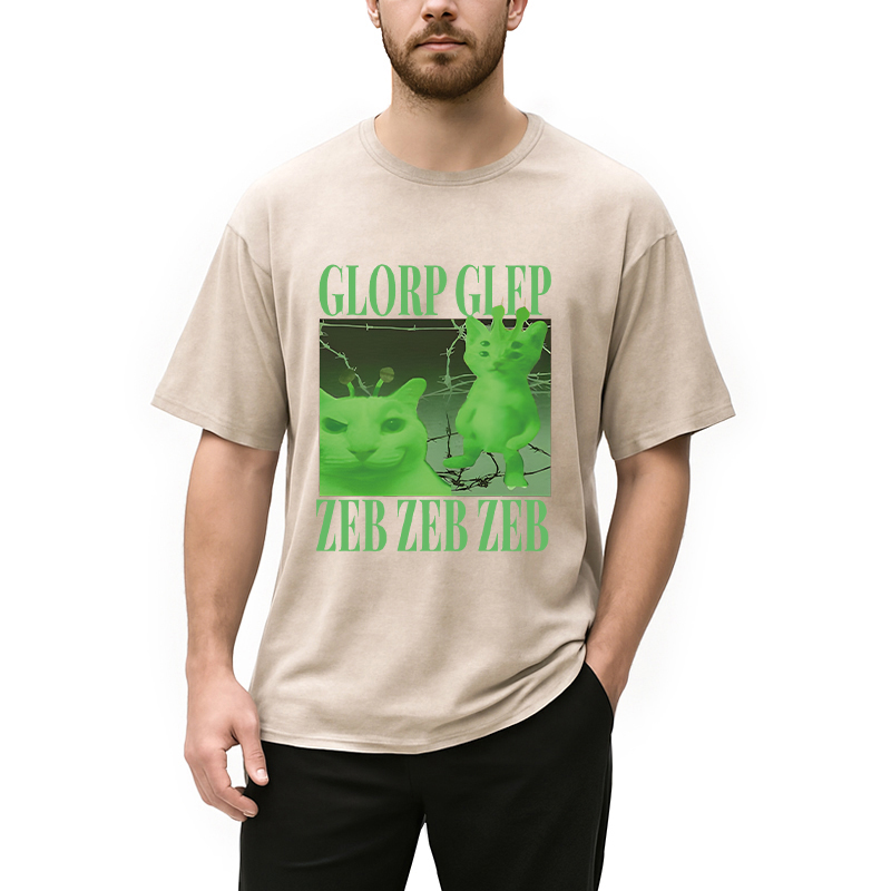 Modecanvas Green Alien Cat Meme DTG Printing Washed T-Shirt