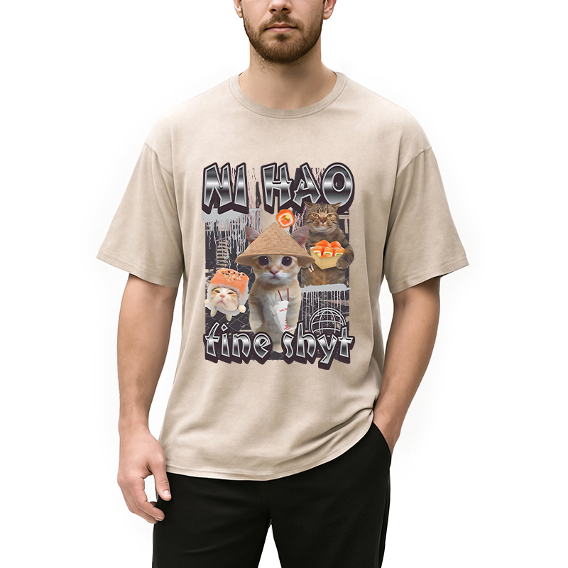 Modecanvas Ni hao Fine Funny DTG Printing Washed T-Shirt