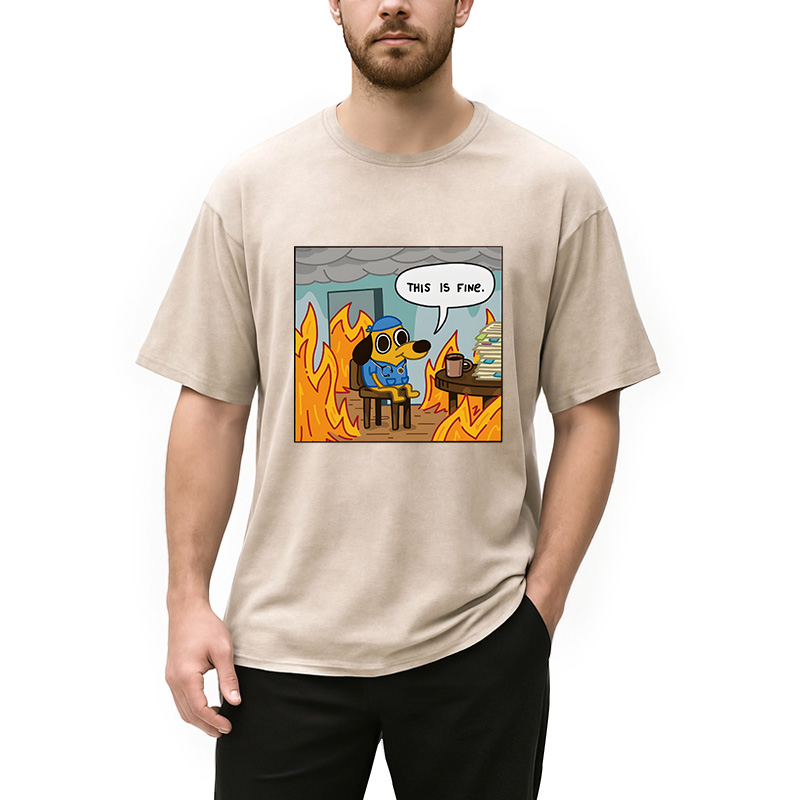 Modecanvas This Is Fine Funny Dog Meme DTG Printing Washed T-Shirt