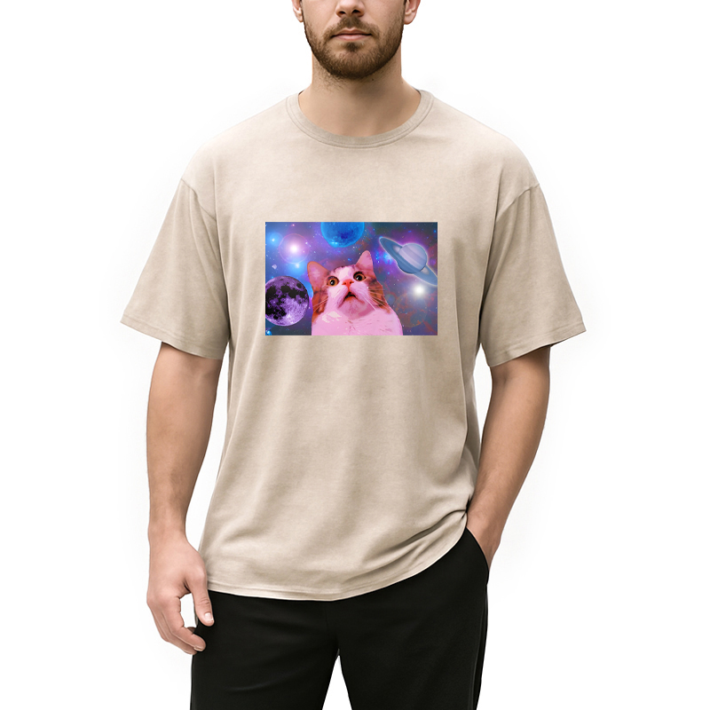 Modecanvas Funny Cat In Space DTG Printing Washed T-Shirt