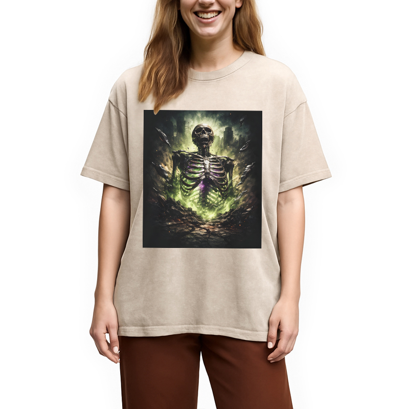 Modecanvas Radioactive Inspired Skeleton DTG Printing Washed T-Shirt