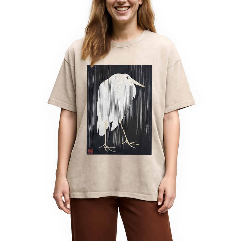 Modecanvas Heron In The Rain DTG Printing Washed T-Shirt