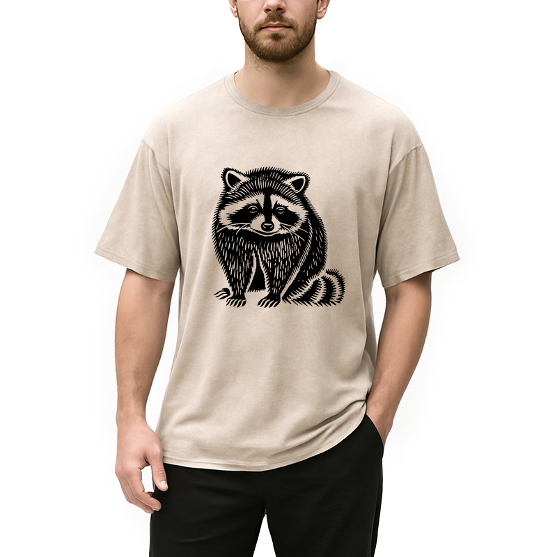 Modecanvas Vintage Minimalist Raccoon DTG Printing Washed T-Shirt
