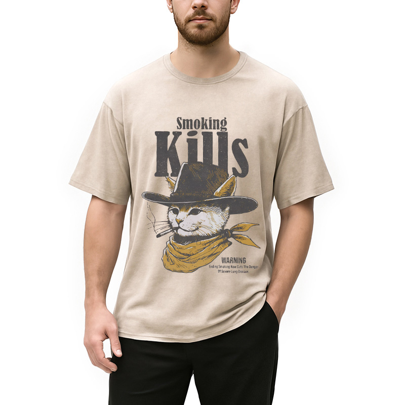 Modecanvas Funny Anti Smoking Cat DTG Printing Washed T-Shirt
