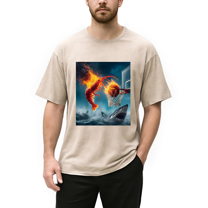 Modecanvas Shrimp Dunking on Shark Funny DTG Printing Washed T-Shirt