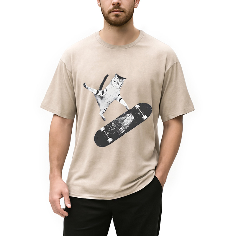 Modecanvas Skateboarding Cat DTG Printing Washed T-Shirt