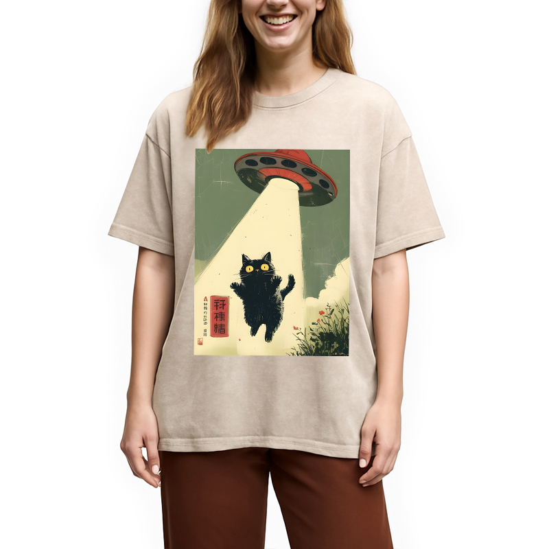 Modecanvas Vintage Japanese Alien Cat DTG Printing Washed T-Shirt