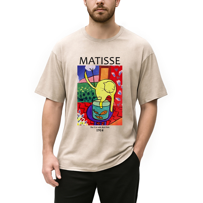 Modecanvas The Cat with Red Fish DTG Printing Washed T-Shirt