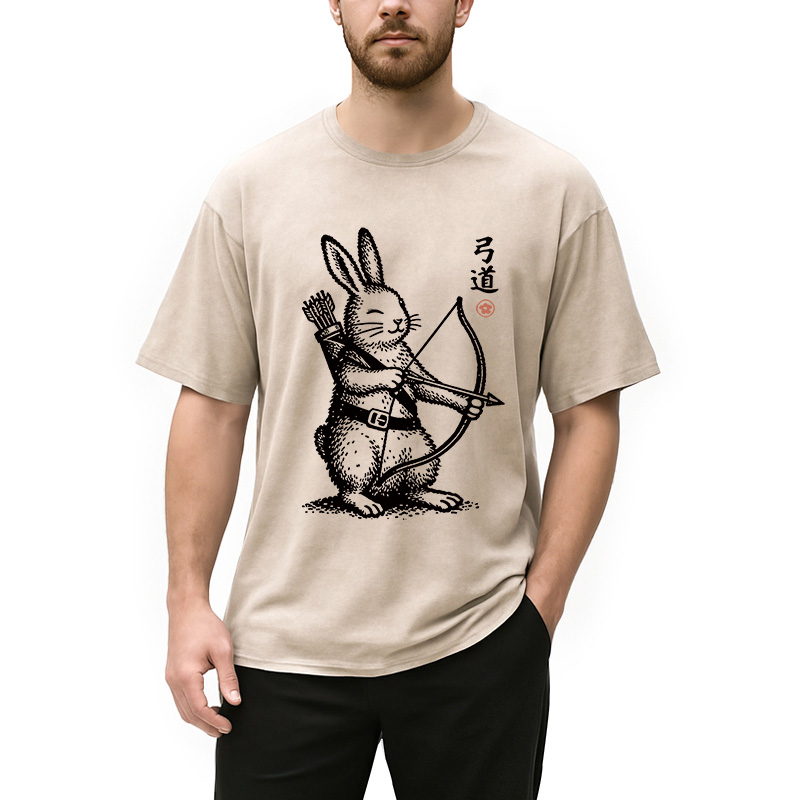 Modecanvas Rabbit Shooting Arrows DTG Printing Washed T-Shirt
