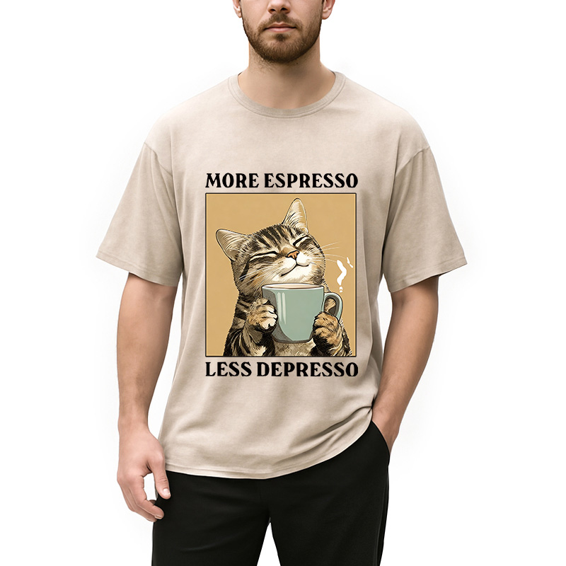 Modecanvas Cute Cat Drinking Coffee DTG Printing Washed T-Shirt