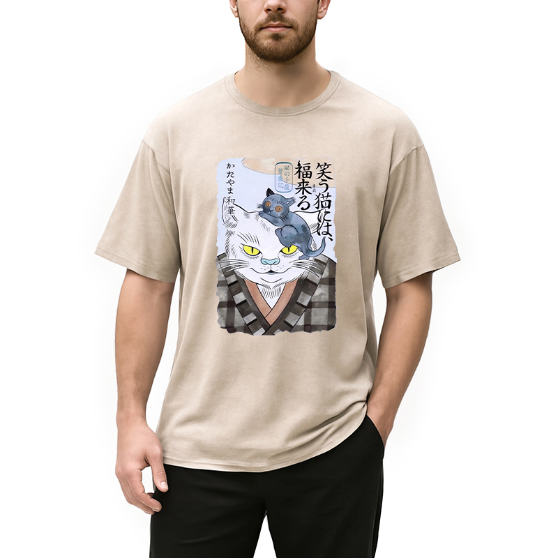 Modecanvas Japanese Vintage Cat DTG Printing Washed T-Shirt