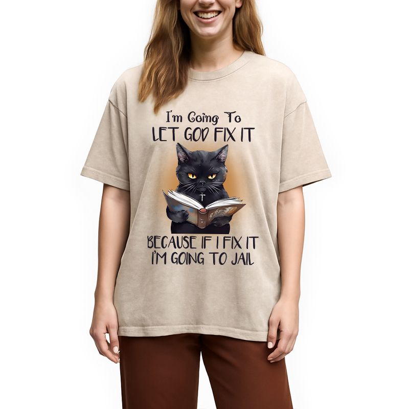 Modecanvas Funny Sarcastic Black Cat DTG Printing Washed T-Shirt