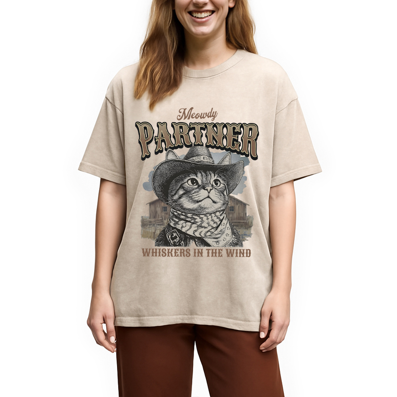 Modecanvas Meowdy Partner Cowboy Cat DTG Printing Washed T-Shirt