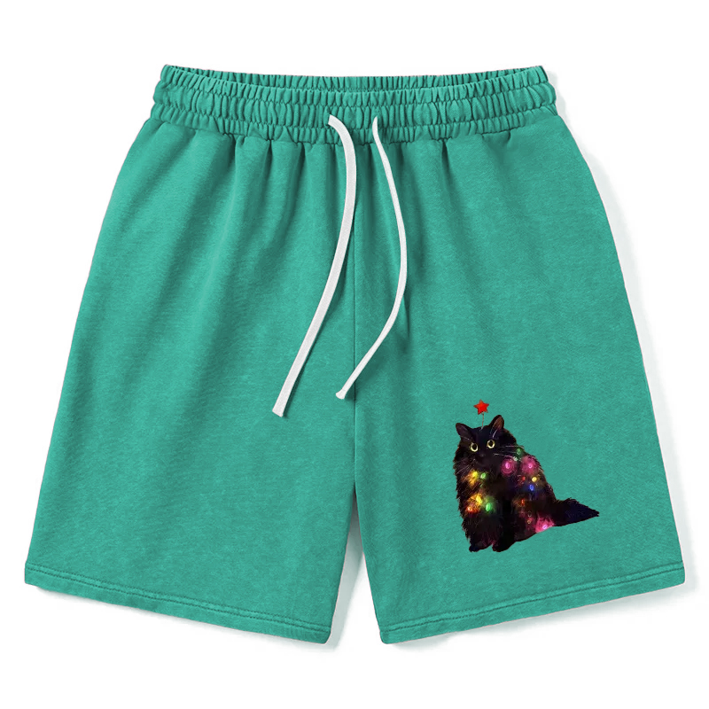 Modecanvas Christmas Lights Cat Washed Shorts