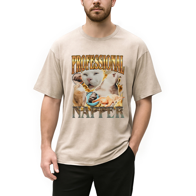 Modecanvas Professional Napper Funny Cat DTG Printing Washed T-Shirt