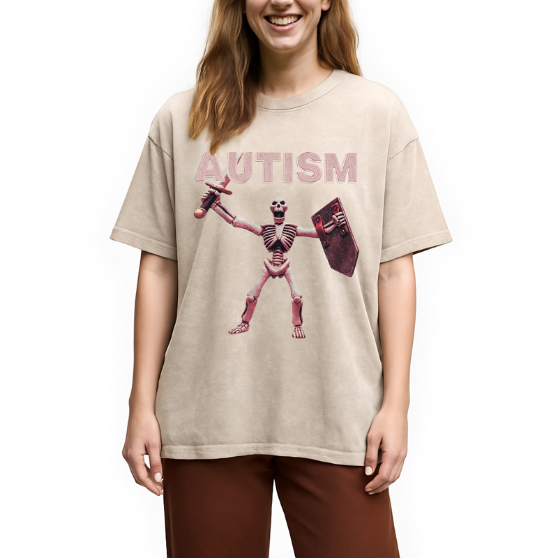Modecanvas Funny Autism Skeleton Offensive Meme DTG Printing Washed T-Shirt