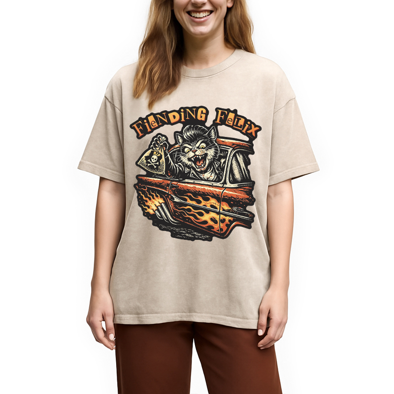 Modecanvas Fiending Felix Degenerate Cat DTG Printing Washed T-Shirt