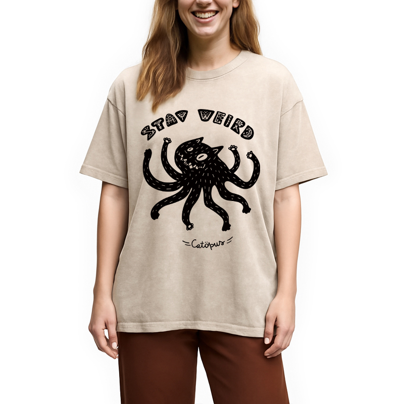 Modecanvas STAY WEIRD Catopus DTG Printing Washed T-Shirt