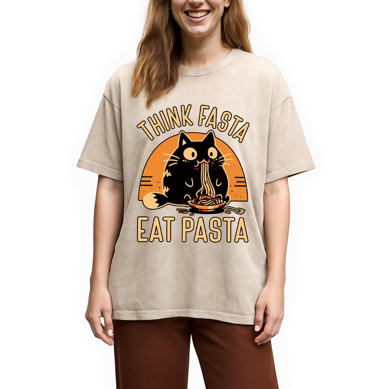 Modecanvas Think Fast Eat Pasta Funny Cat DTG Printing Washed T-Shirt