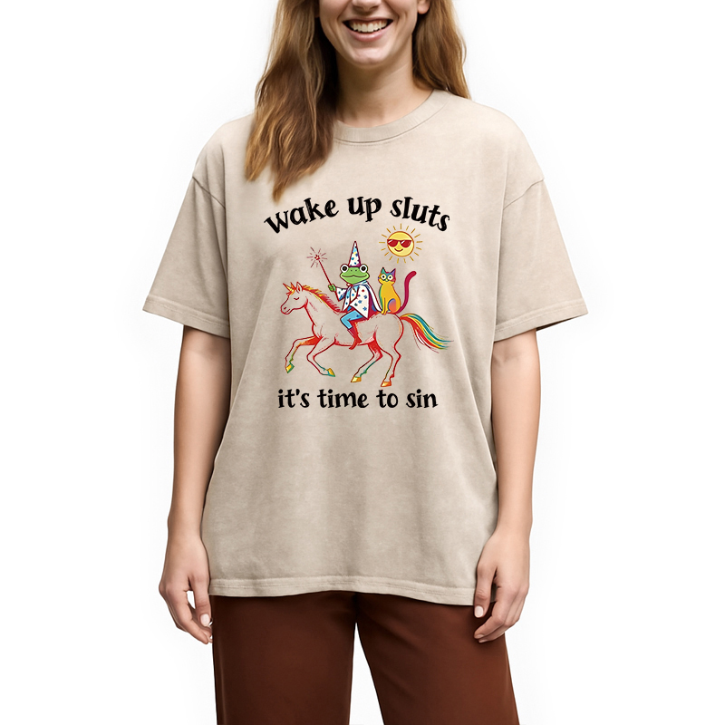 Modecanvas Wake Up Sluts Funny Frog DTG Printing Washed T-Shirt