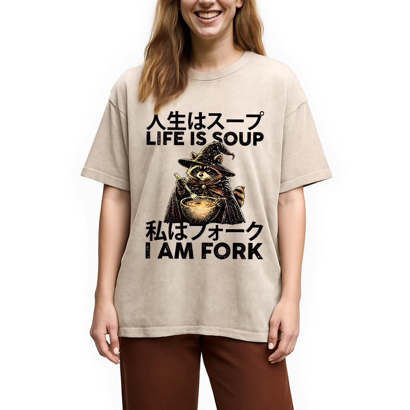 Modecanvas Life is Soup I Am Fork Funny Raccoon Wizard Meme DTG Printing Washed T-Shirt
