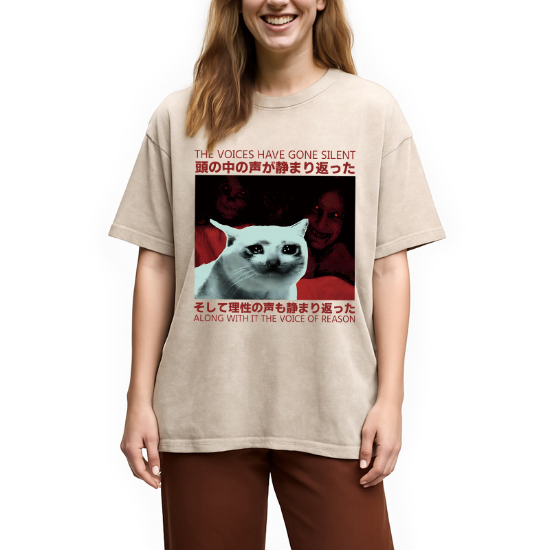 Modecanvas Silent Cat Funny Vintage Japanese DTG Printing Washed T-Shirt