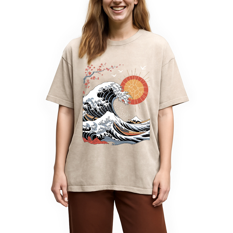 Modecanvas Ocean Sun Cherry Blossom DTG Printing Washed T-Shirt
