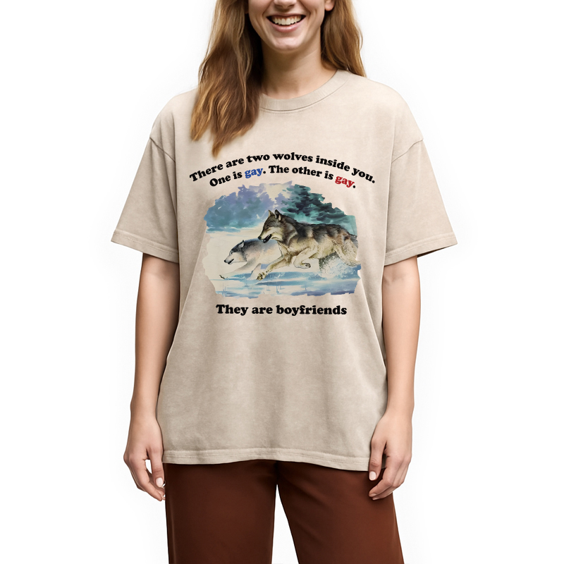 Modecanvas Two Wolves Gay Meme DTG Printing Washed T-Shirt