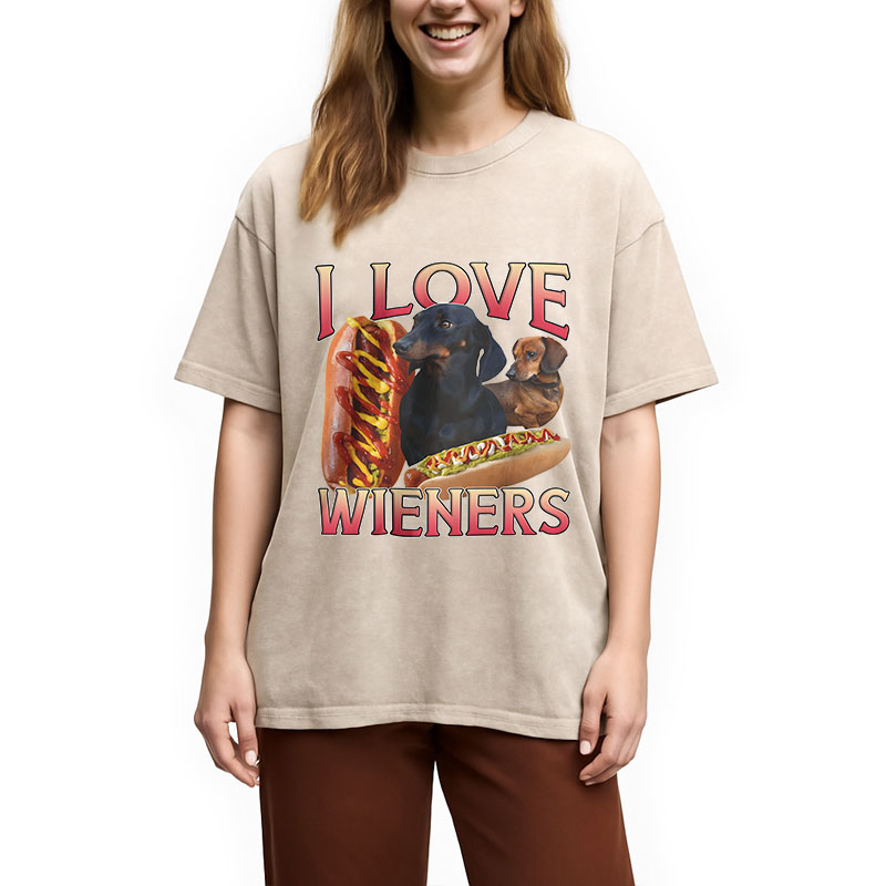 Modecanvas I Love Wieners Funny Dog Meme DTG Printing Washed T-Shirt