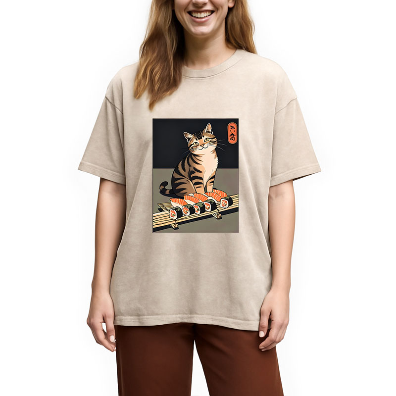 Modecanvas Cute Cat Trying To Steal Sushi DTG Printing Washed T-Shirt