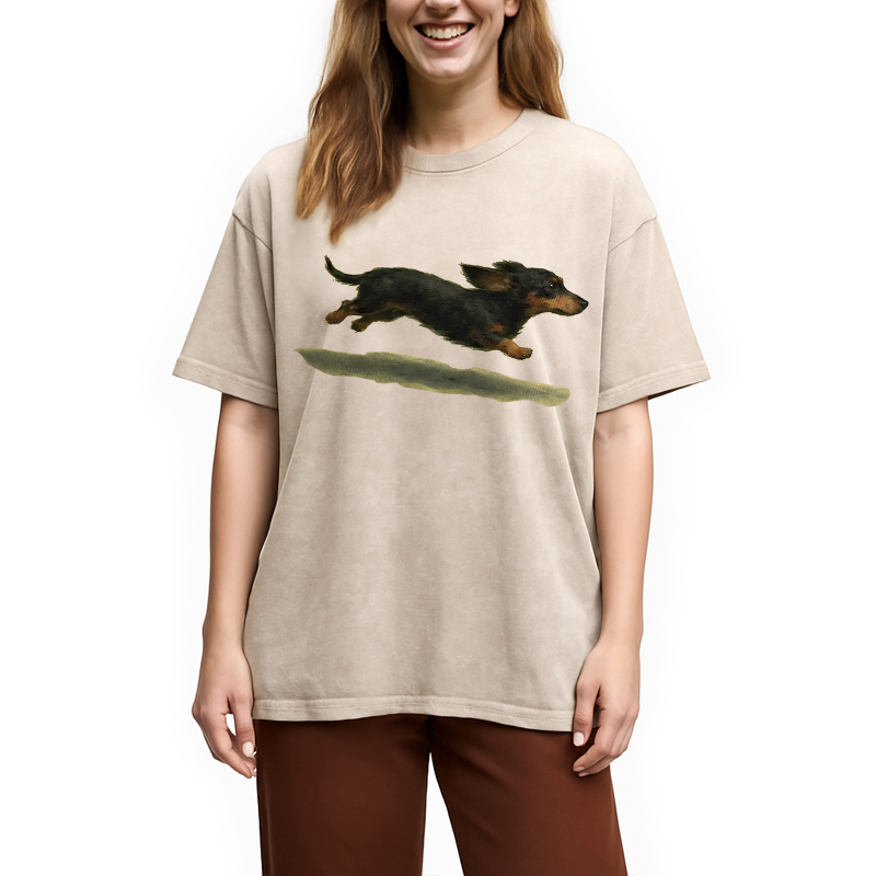 Modecanvas Funny Retro Cute Running Dog DTG Printing Washed T-Shirt