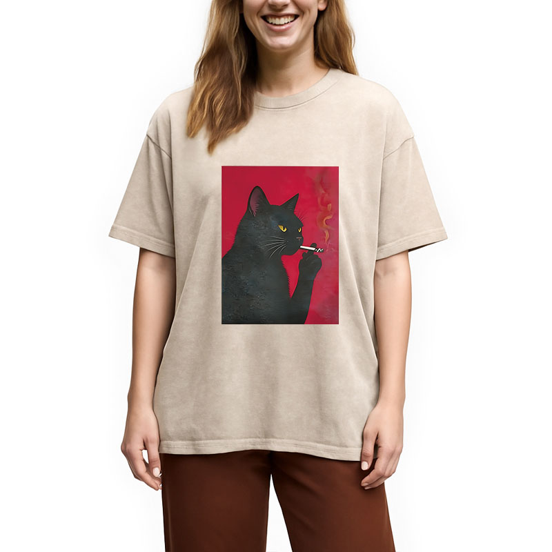 Modecanvas Black Cat Smoking DTG Printing Washed T-Shirt