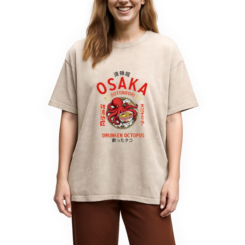 Modecanvas Osaka Drunken Octopus Eating Ramen DTG Printing Washed T-Shirt