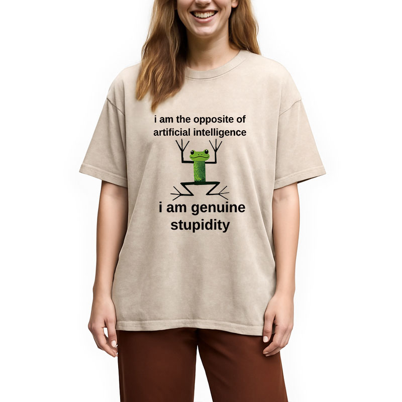 Modecanvas Genuine Stupidity Frog Meme DTG Printing Washed T-Shirt