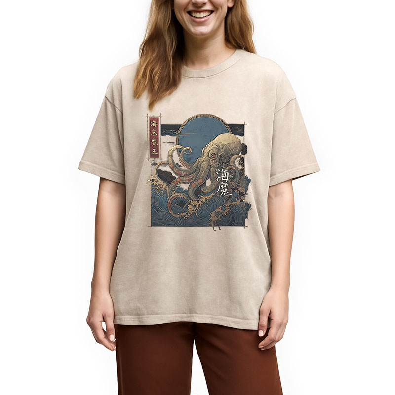 Modecanvas Kraken Ukiyo-e DTG Printing Washed T-Shirt