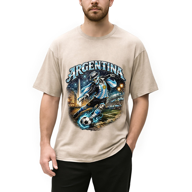 Modecanvas Skull Argentina Football DTG Printing Washed T-Shirt