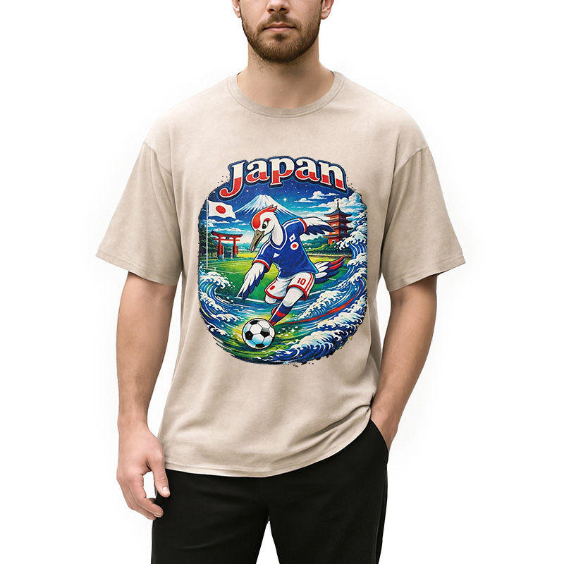 Modecanvas Japan Crane Soccer DTG Printing Washed T-Shirt