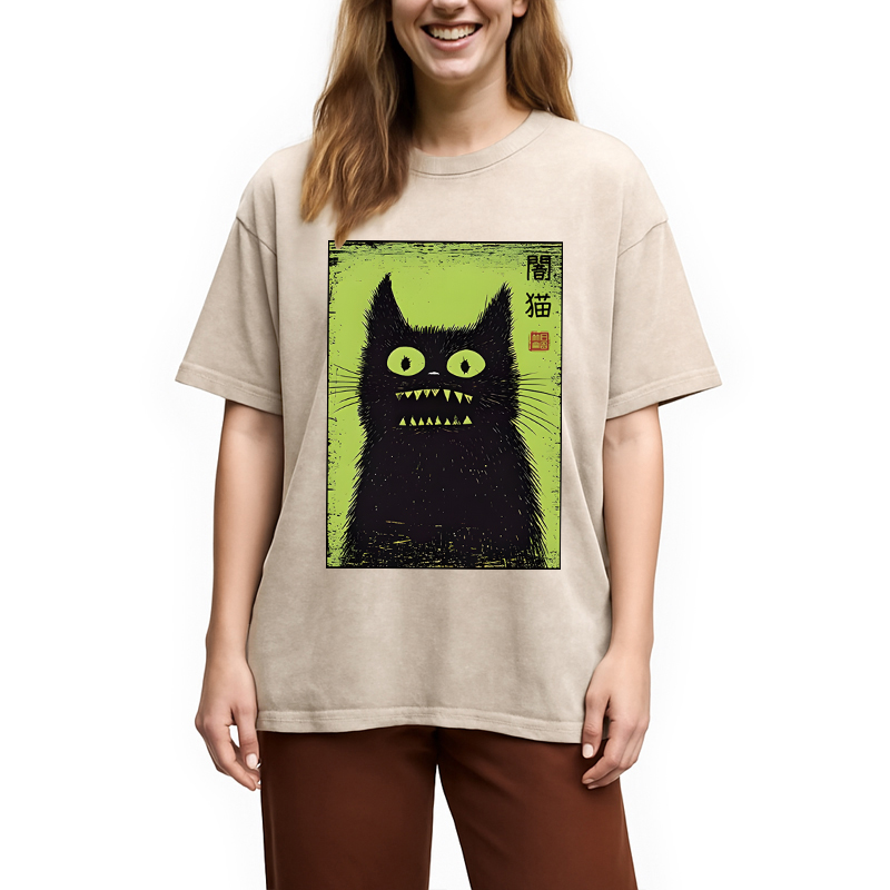 Modecanvas Spooky Black Cat Japanese DTG Printing Washed T-Shirt