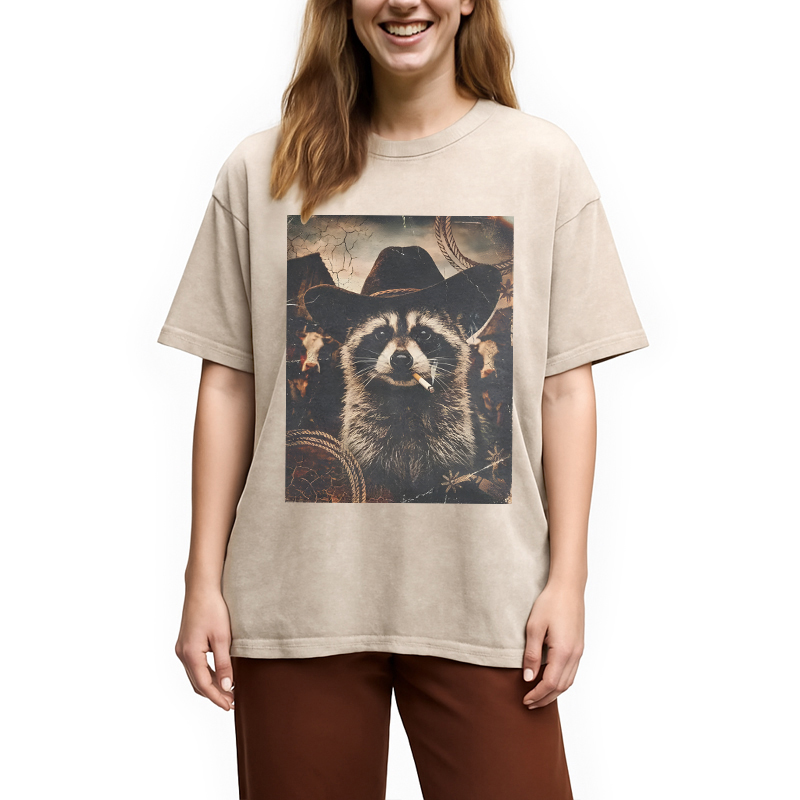 Modecanvas Vintage Weatern Raccoon DTG Printing Washed T-Shirt