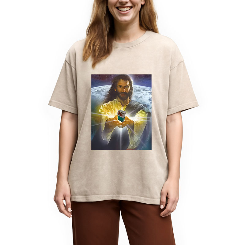 Modecanvas Jesus Holding Cigarettes DTG Printing Washed T-Shirt