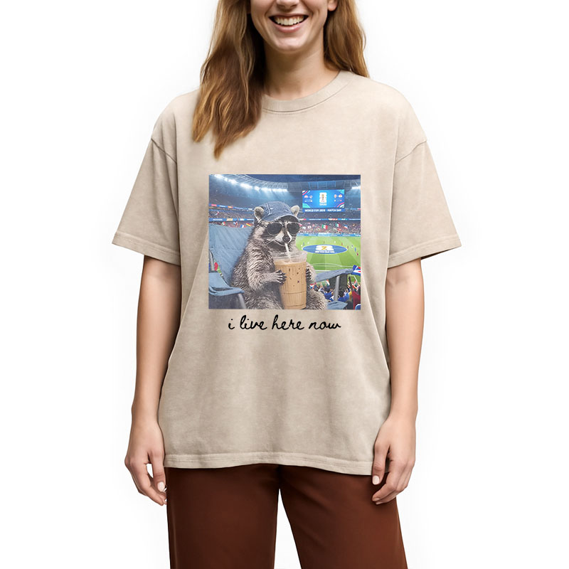 Modecanvas I Live Here Now Raccoon DTG Printing Washed T-Shirt