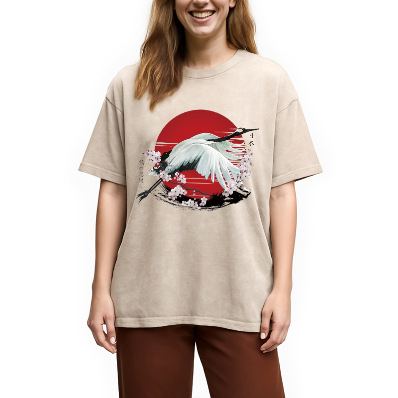 Modecanvas Japanese Crane Tsuru Washed T-Shirt