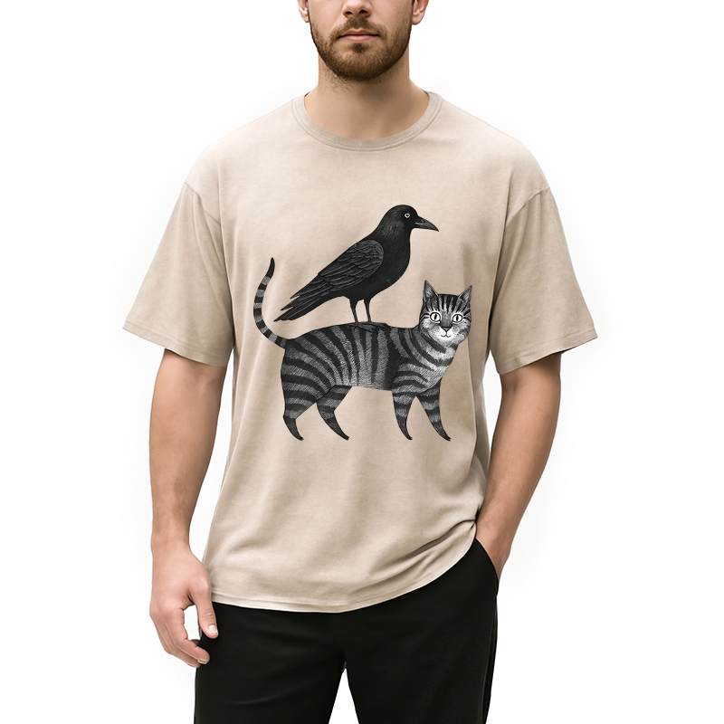 Modecanvas Crow Riding A Cat Washed T-Shirt